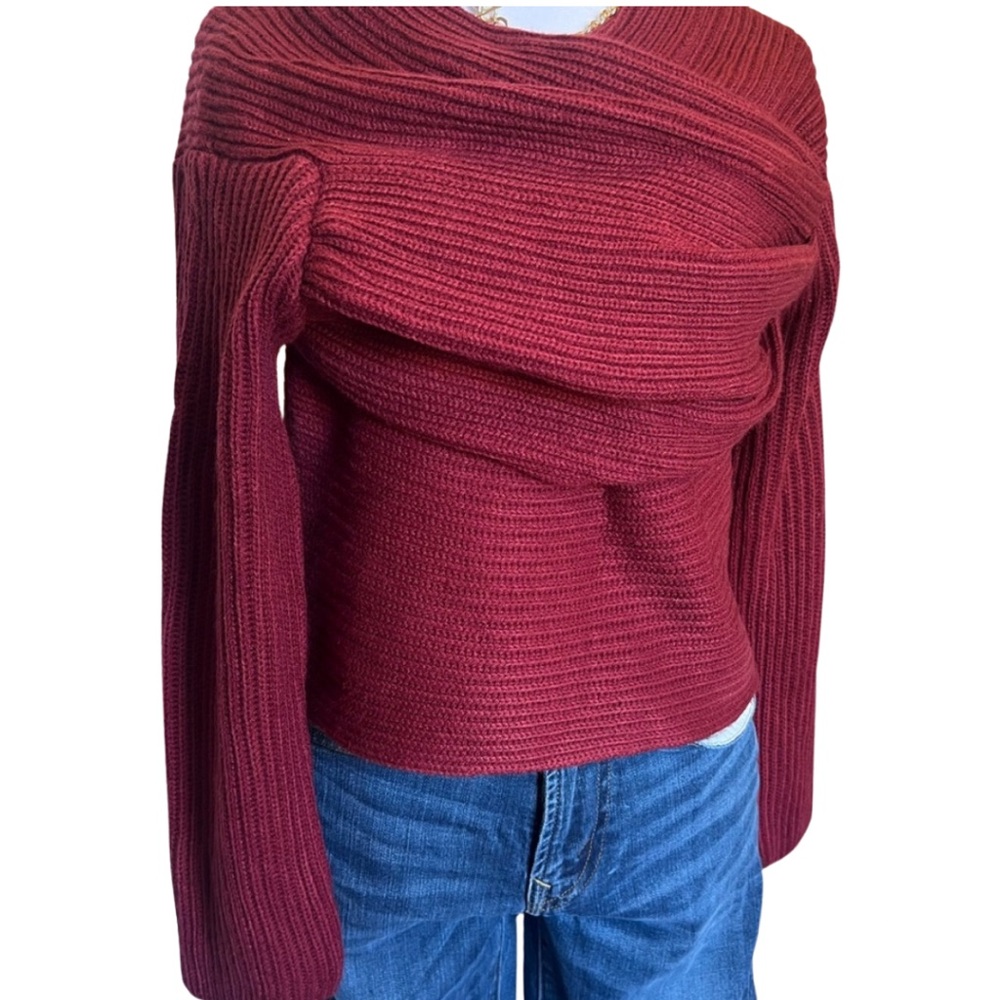 NWT Love + Harmony M wrap shoulder cropped Burgundy Red Off-Shoulder Sweater